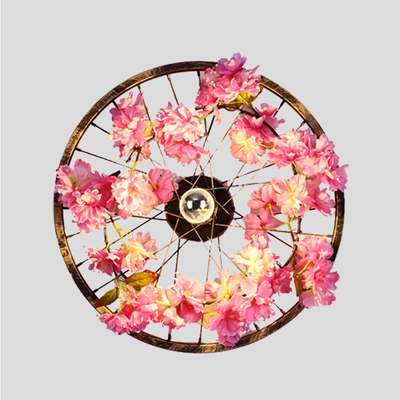 Antique Wheel Wall Mount Lighting LED Metal Cherry Blossom Wall Sconce Light in Brass, 12.5"/16.5"/20.5" Dia