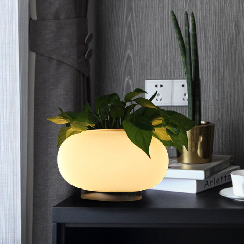 Lampada da comodino da soggiorno a LED industriale con lampada da tavolo ovale in vetro bianco con decorazione vegetale