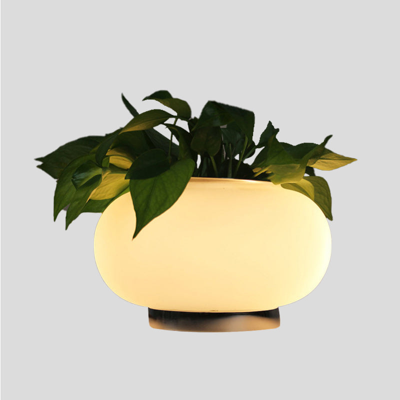 Lampada da comodino da soggiorno a LED industriale con lampada da tavolo ovale in vetro bianco con decorazione vegetale