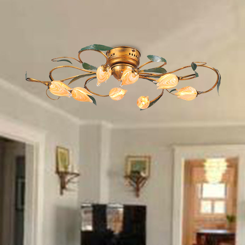 8/15 Heads Ceiling Mounted Fixture American Garden Bedroom LED Semi Flush Light with Tulip Frosted Glass in Brass