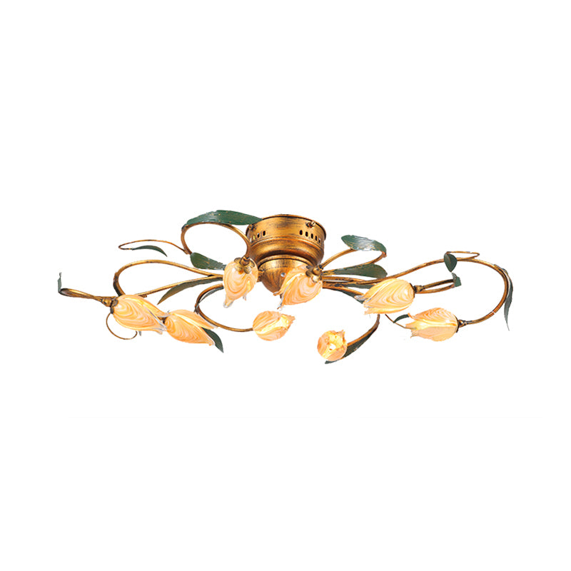 8/15 Heads Ceiling Mounted Fixture American Garden Bedroom LED Semi Flush Light with Tulip Frosted Glass in Brass