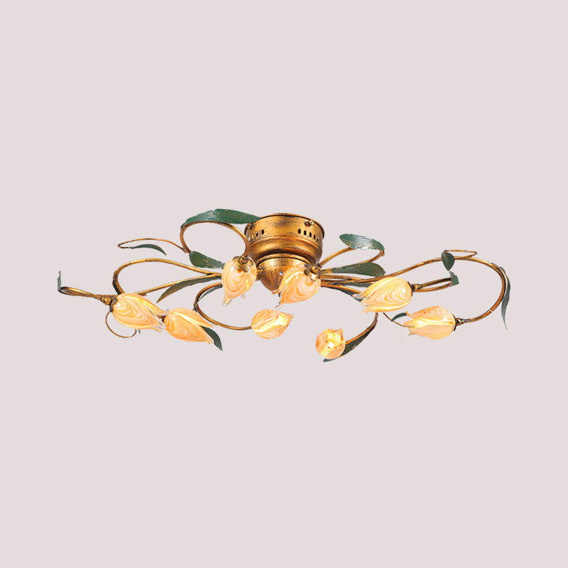 8/15 Heads Ceiling Mounted Fixture American Garden Bedroom LED Semi Flush Light with Tulip Frosted Glass in Brass