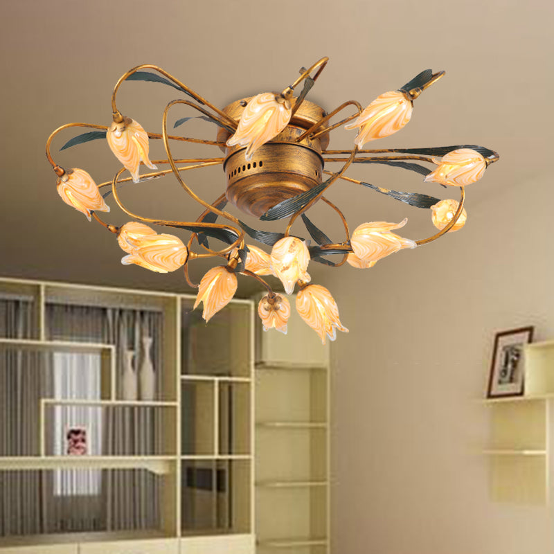 8/15 Heads Ceiling Mounted Fixture American Garden Bedroom LED Semi Flush Light with Tulip Frosted Glass in Brass