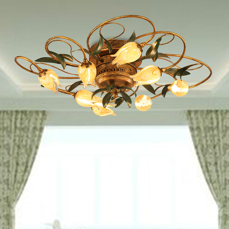 8/15 Heads Ceiling Mounted Fixture American Garden Bedroom LED Semi Flush Light with Tulip Frosted Glass in Brass