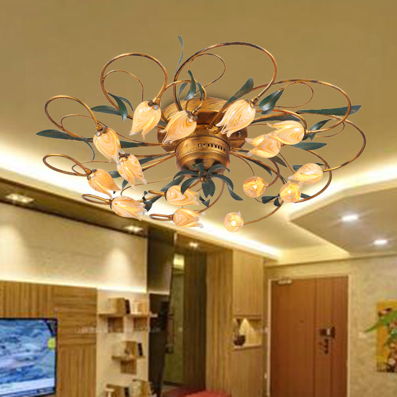 8/15 Heads Ceiling Mounted Fixture American Garden Bedroom LED Semi Flush Light with Tulip Frosted Glass in Brass