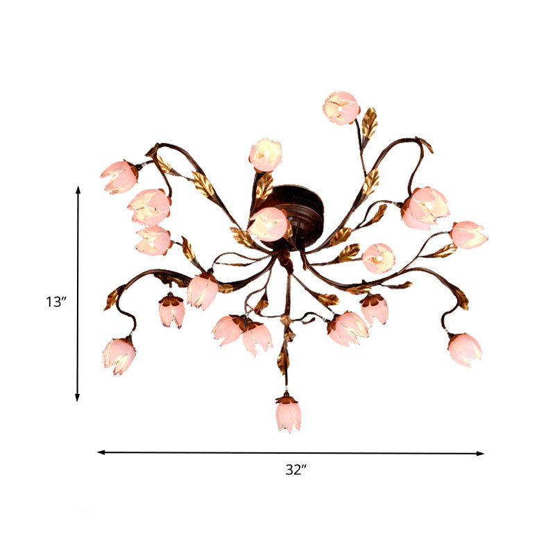 Metal Dark Brown Semi Flush Lotus 20 Bulbs American Garden LED Close to Ceiling Lamp for Study Room