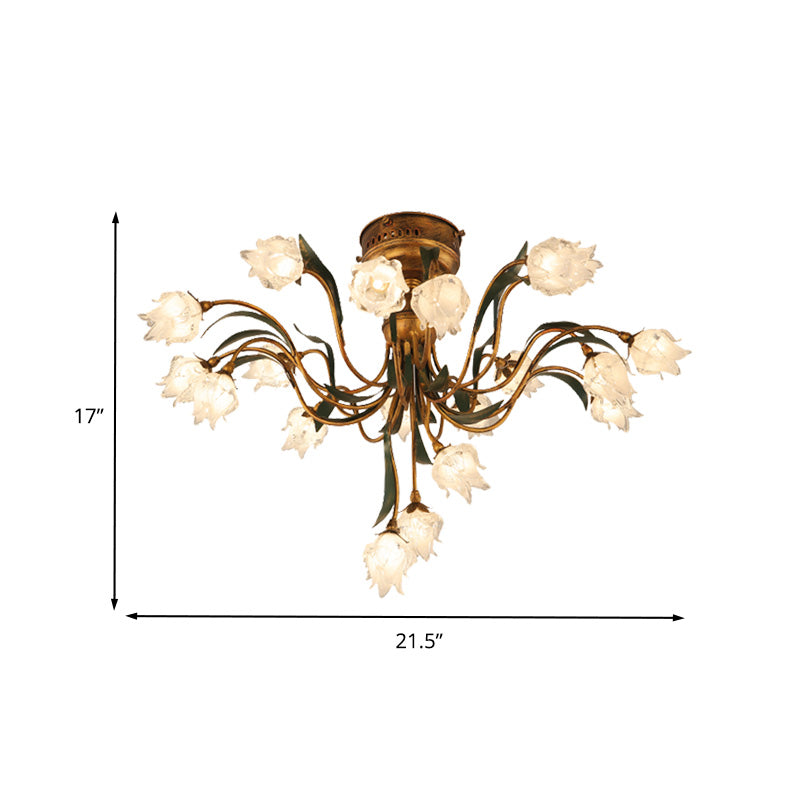 Brass Bloom Semi Flush Light Romantic Pastoral Metal 19 Bulbs Living Room LED Close to Ceiling Lamp