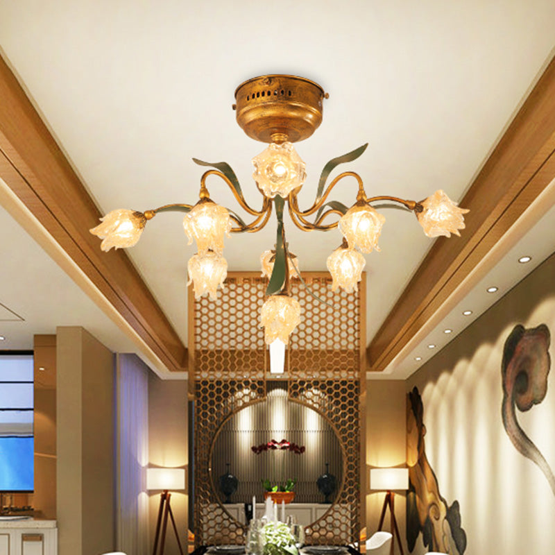 9 head Cerca de la lámpara de techo Romántica de la sala pastoral LED Semi Flush Mounting con vidrio esmerilado en latón en latón