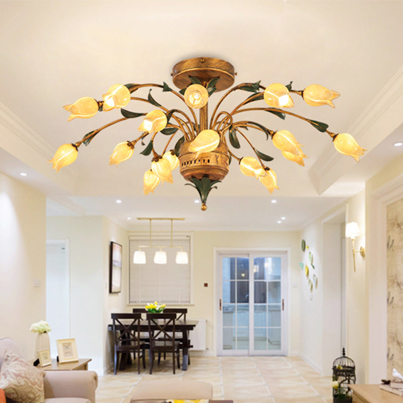 Tulip Living Room Ceiling Lamp Pastoral Style Metal 18 Bulbs Brass LED Semi Flush Mount Lighting