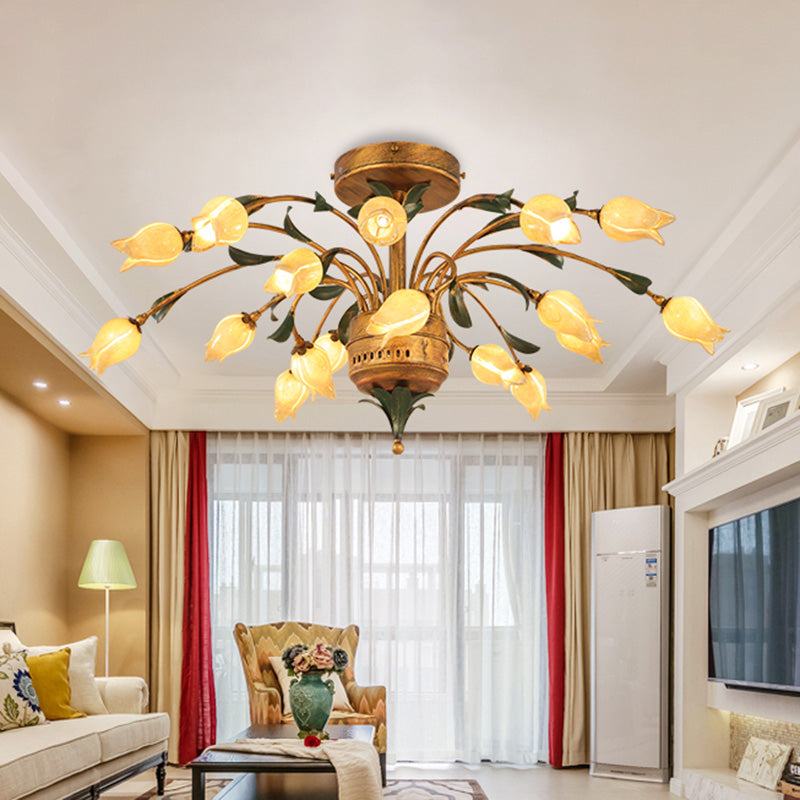 Tulip Living Room Ceiling Lamp Pastoral Style Metal 18 Bulbs Brass LED Semi Flush Mount Lighting