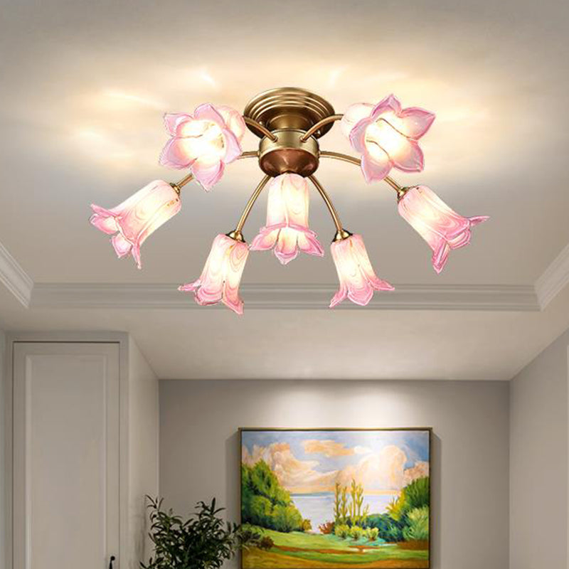 7 bulbos Luz de techo Campo Lily/Tulip White/Yellow/Purple Glass Semi Flush Mounting para sala de estar
