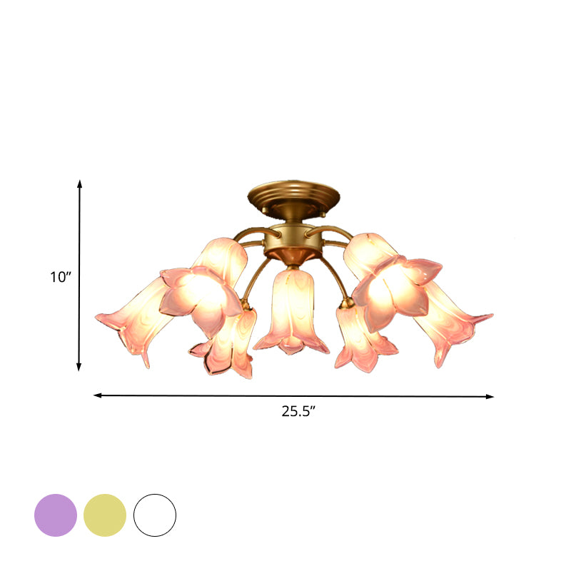 7 bulbos Luz de techo Campo Lily/Tulip White/Yellow/Purple Glass Semi Flush Mounting para sala de estar