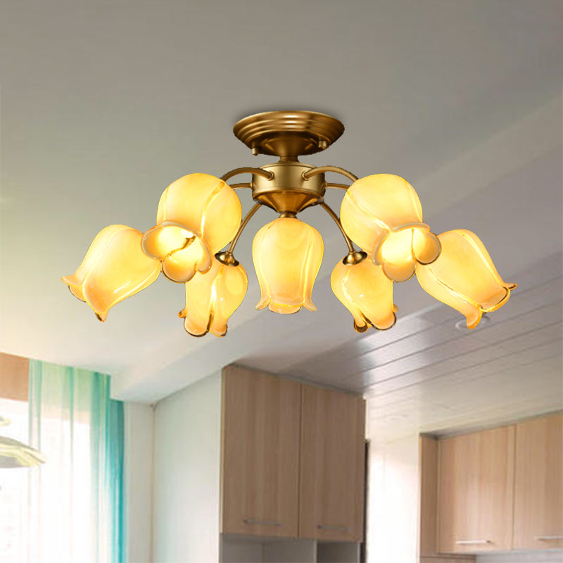 7 bulbos Luz de techo Campo Lily/Tulip White/Yellow/Purple Glass Semi Flush Mounting para sala de estar