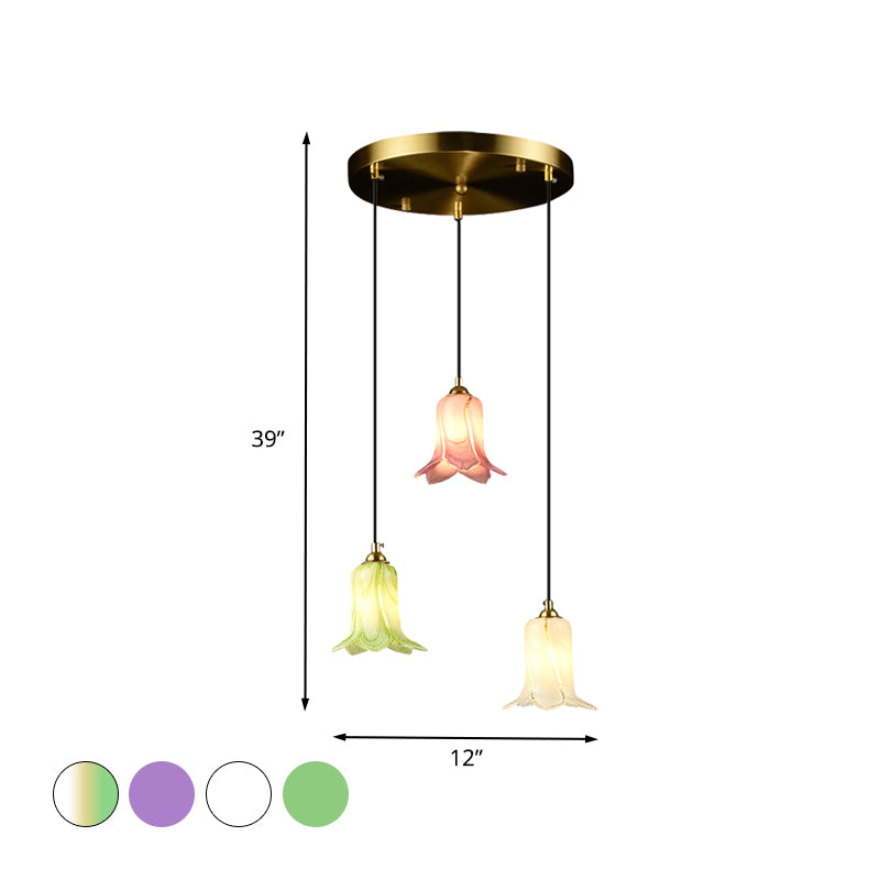 Romantic Pastoral Lily Cluster Pendant 3 Bulbs White/Green/Purple Glass LED Ceiling Hang Fixture for Foyer