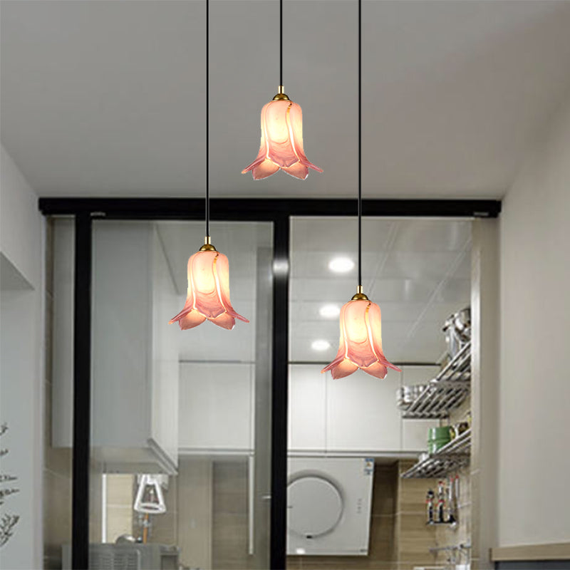 Romantic Pastoral Lily Cluster Pendant 3 Bulbs White/Green/Purple Glass LED Ceiling Hang Fixture for Foyer