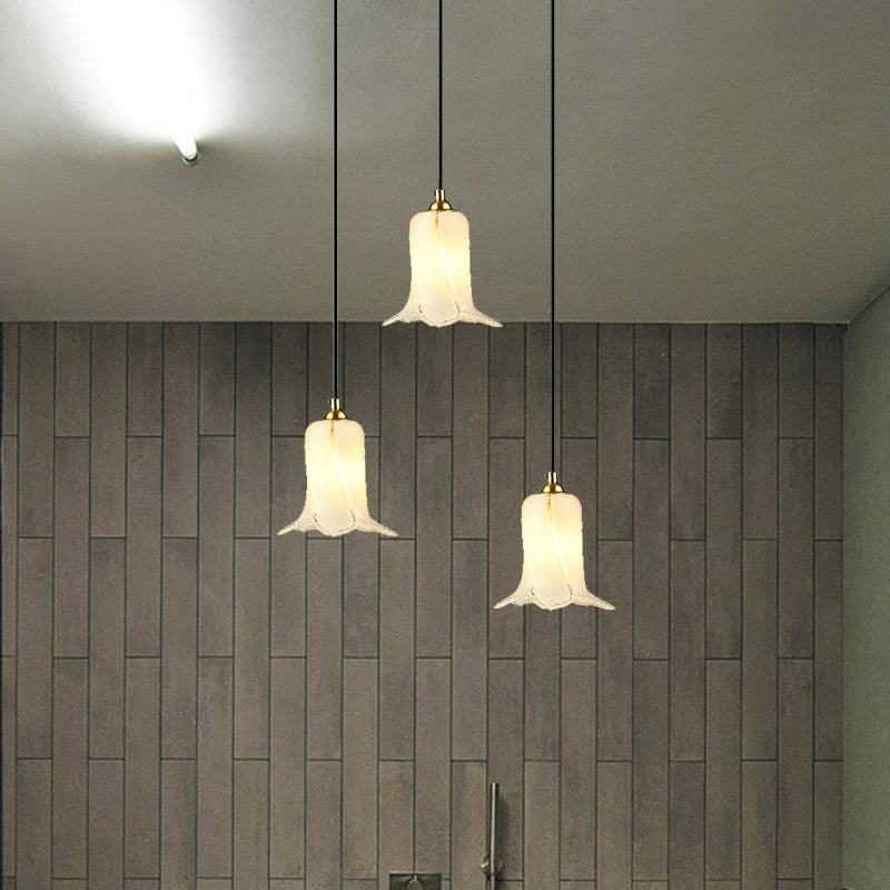 Romantic Pastoral Lily Cluster Pendant 3 Bulbs White/Green/Purple Glass LED Ceiling Hang Fixture for Foyer