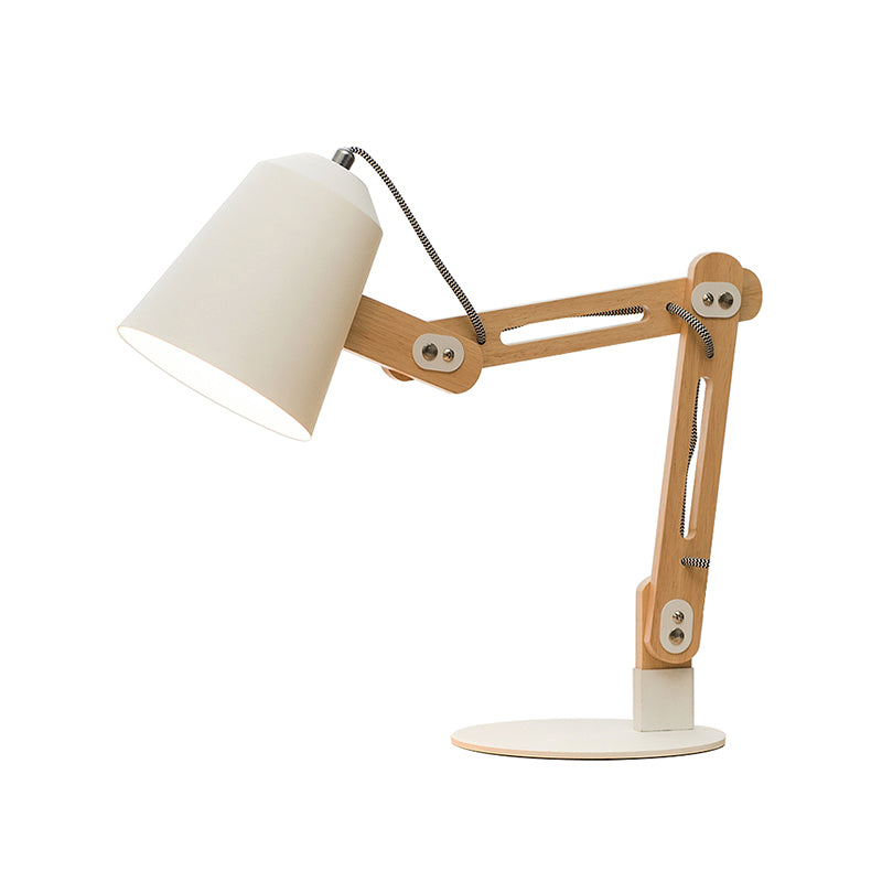 Lampada da scrivania in metallo conico moderno 1 tavola bianca a testa con braccio in legno regolabile