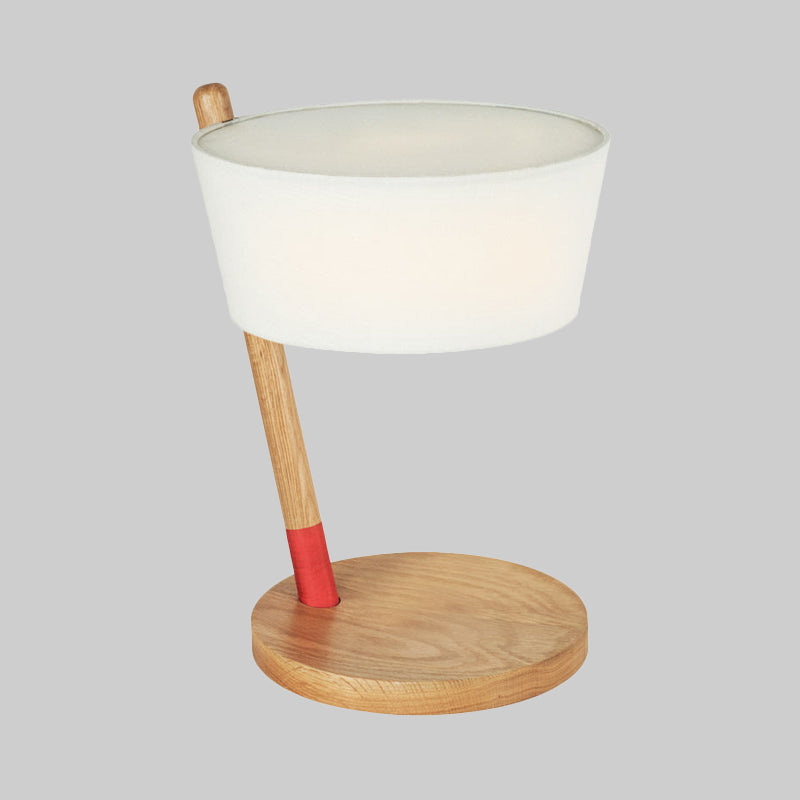 White Shaded Desk Light Japanese 1 Head Fabric Table Lamp, Circle Beige Wood Base