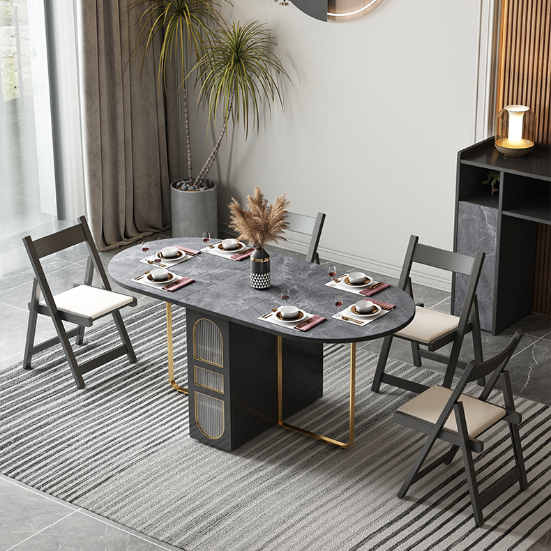 Mesa de comedor de piedra sinterizada 59 '' plegable Mesa ovalada moderna con base de caballete de almacenamiento