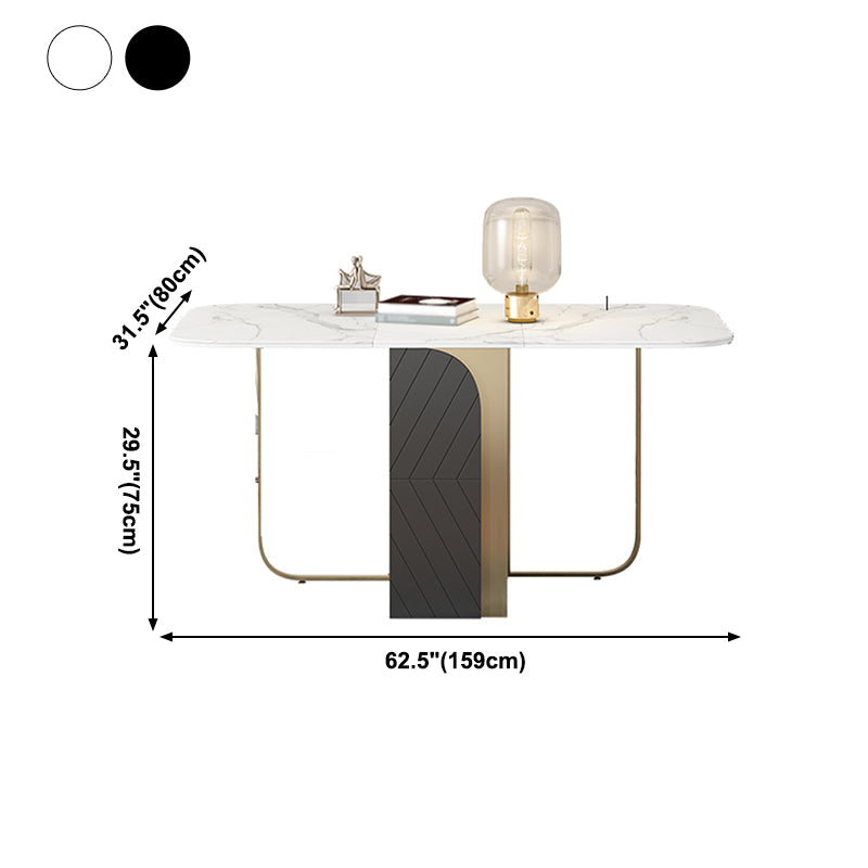Mesa de comedor rectangular moderna de piedra sinterizada de cabello de 63 "con marco de oro