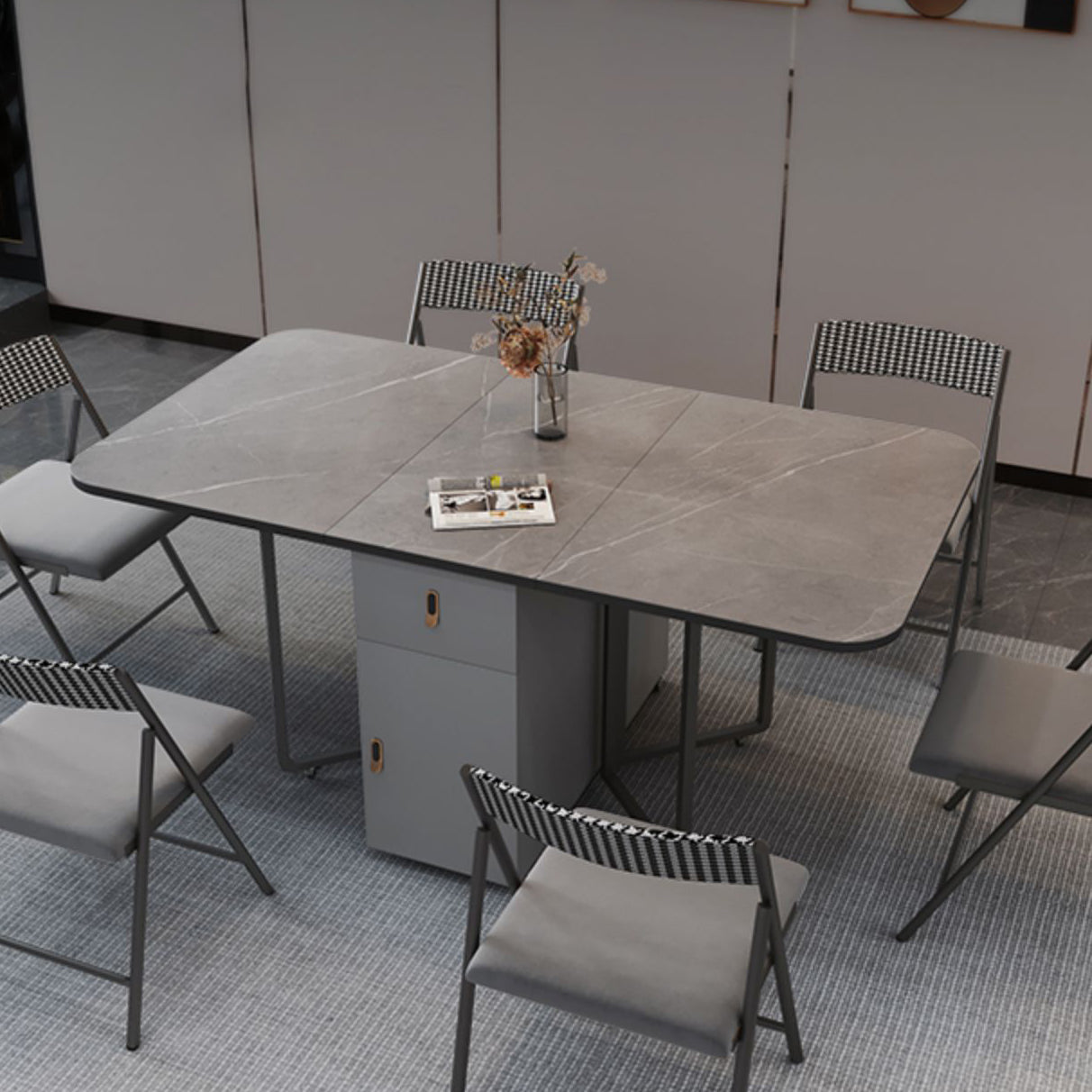 Moderne stijl rechthoek eettafel gesinterde stenen drop-blad eettafel