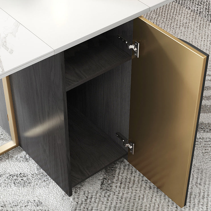 Modern Style Dining Table Sintered Stone Drop-Leaf 63" Table with Metal Base