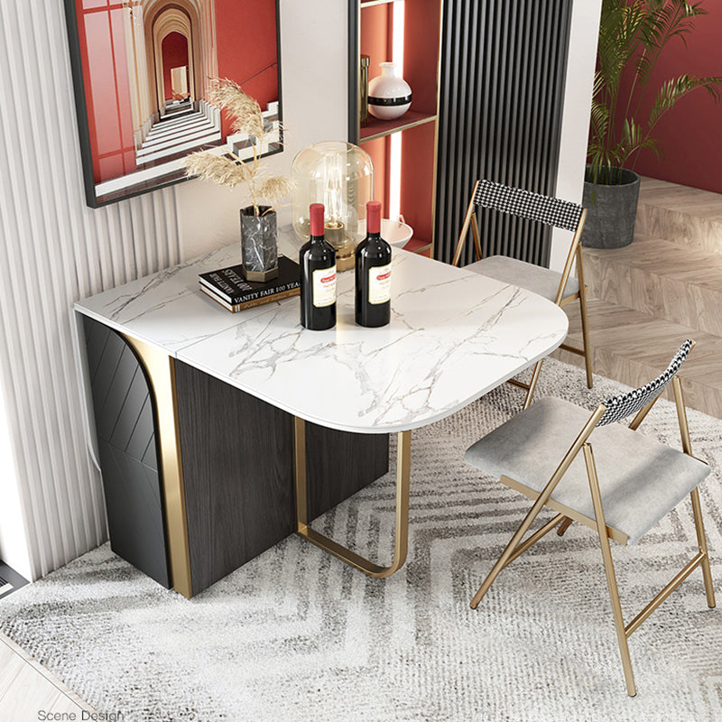 Modern Style Dining Table Sintered Stone Drop-Leaf 63" Table with Metal Base