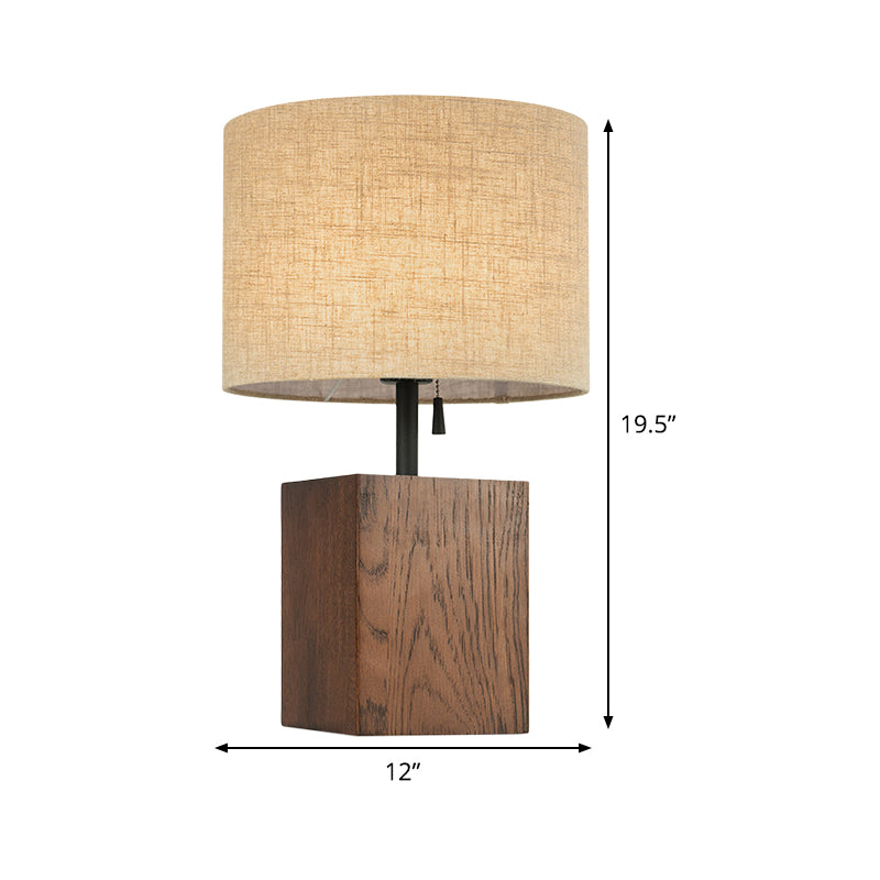 Lámpara de mesa de tela de bulbo 1 de cilindro de cilindro de lino, base de madera rectangular marrón