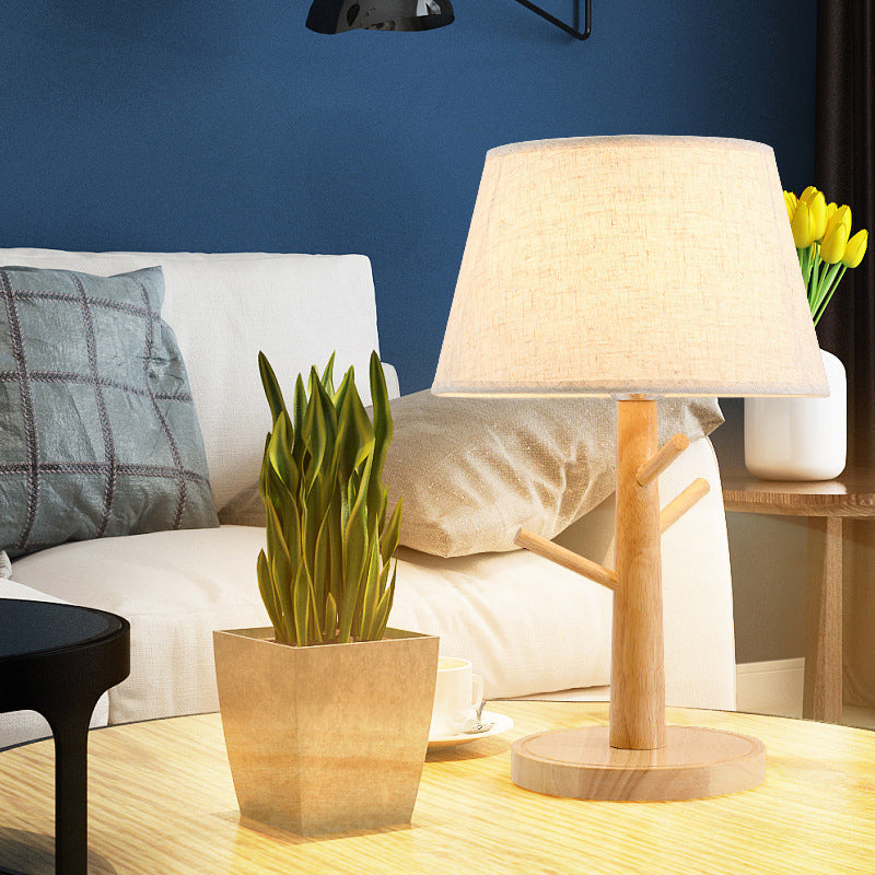 1 Head Tapered Drum Nightstand Lamp Contemporary Fabric Reading Book Light in Wood