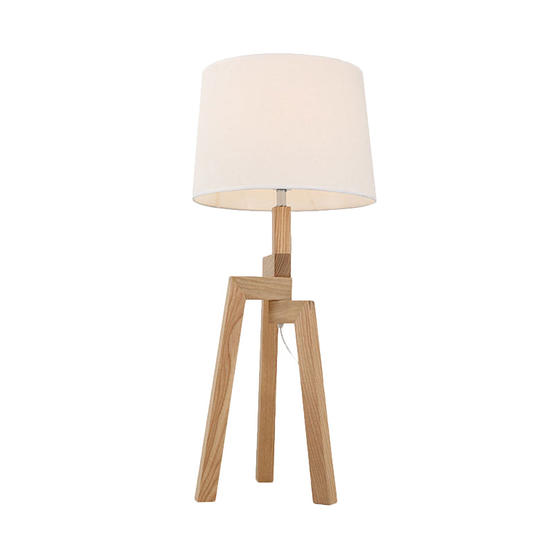 1 Head Barrel Shade Desk Lamp Modern Fabric Table Light in White with Wood Tripod