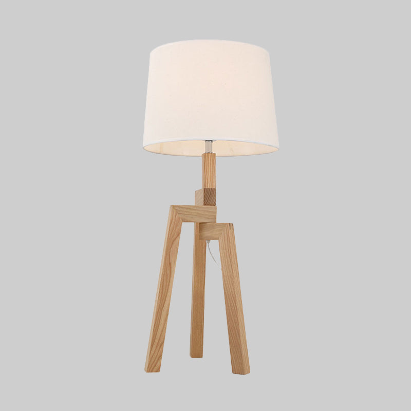1 Head Barrel Shade Desk Lamp Modern Fabric Table Light in White with Wood Tripod