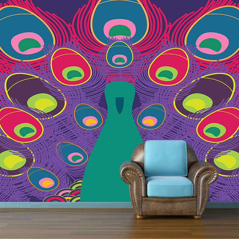 Tropical Peacock Illustration Mural Wallpaper for Sitting Room Wall Covering in Soft Color