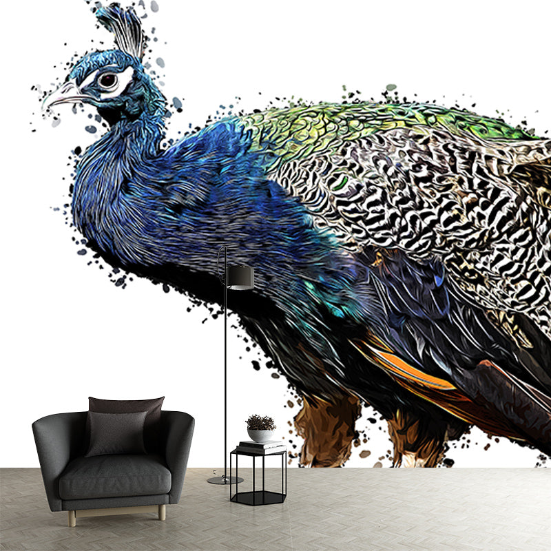 Tropical Peacock Illustration Mural Wallpaper for Sitting Room Wall Covering in Soft Color