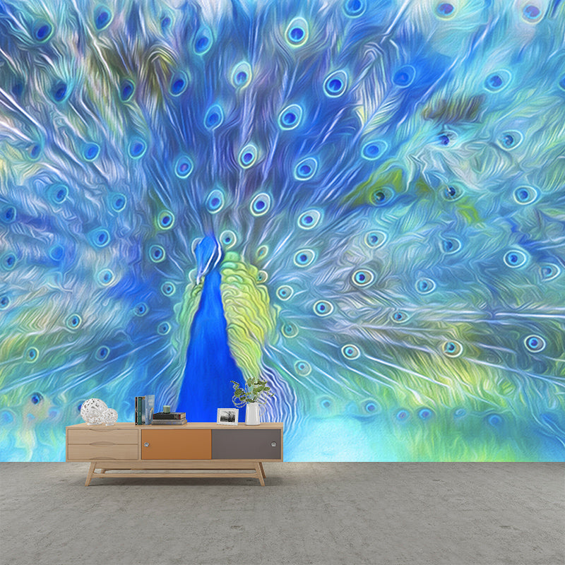 Tropical Peacock Illustration Mural Wallpaper for Sitting Room Wall Covering in Soft Color