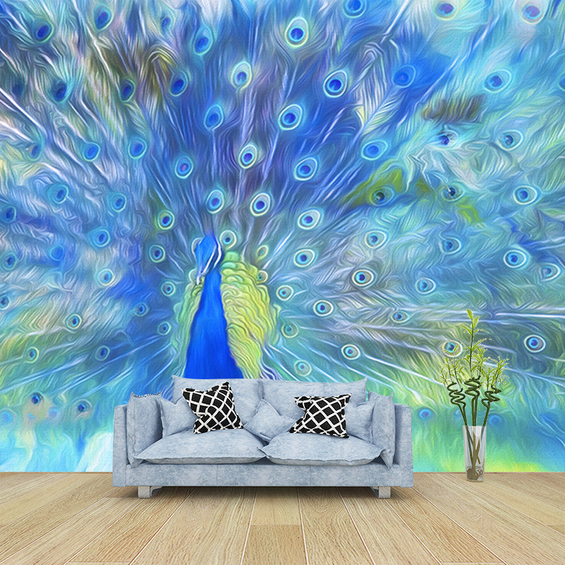 Tropical Peacock Illustration Mural Wallpaper for Sitting Room Wall Covering in Soft Color