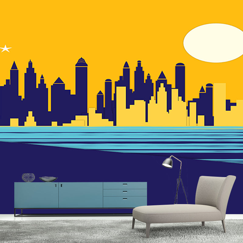 Modern City Illustration Mural Wallpaper for Meeting Room Wall Covering in Soft Color