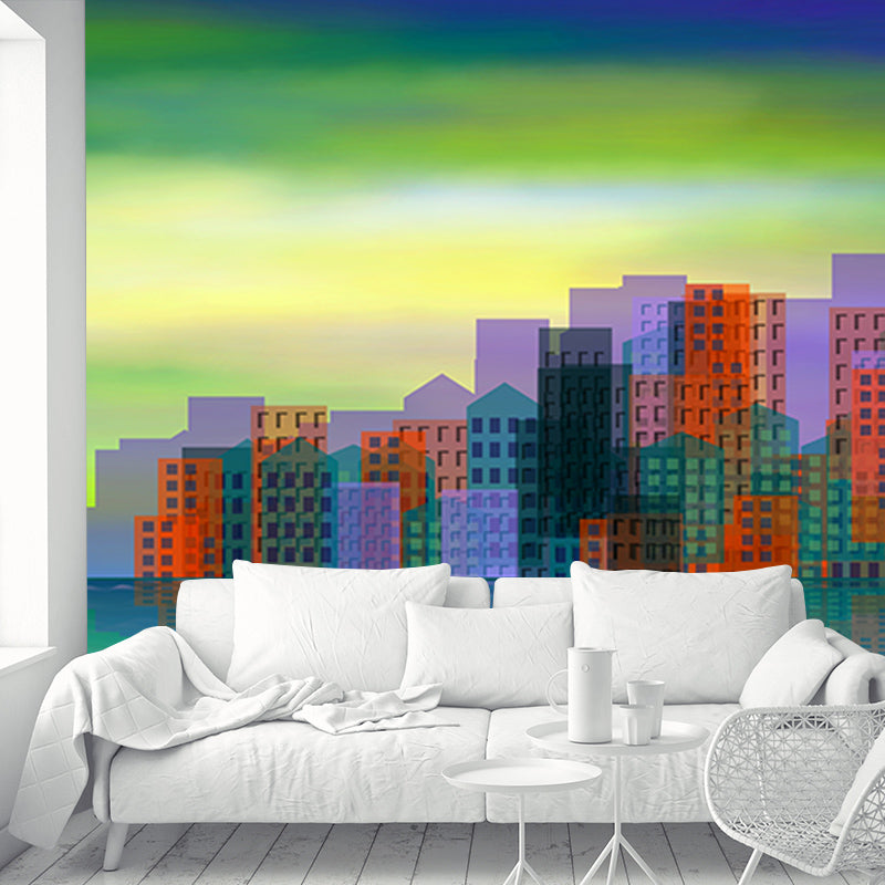 Modern City Illustration Mural Wallpaper for Meeting Room Wall Covering in Soft Color