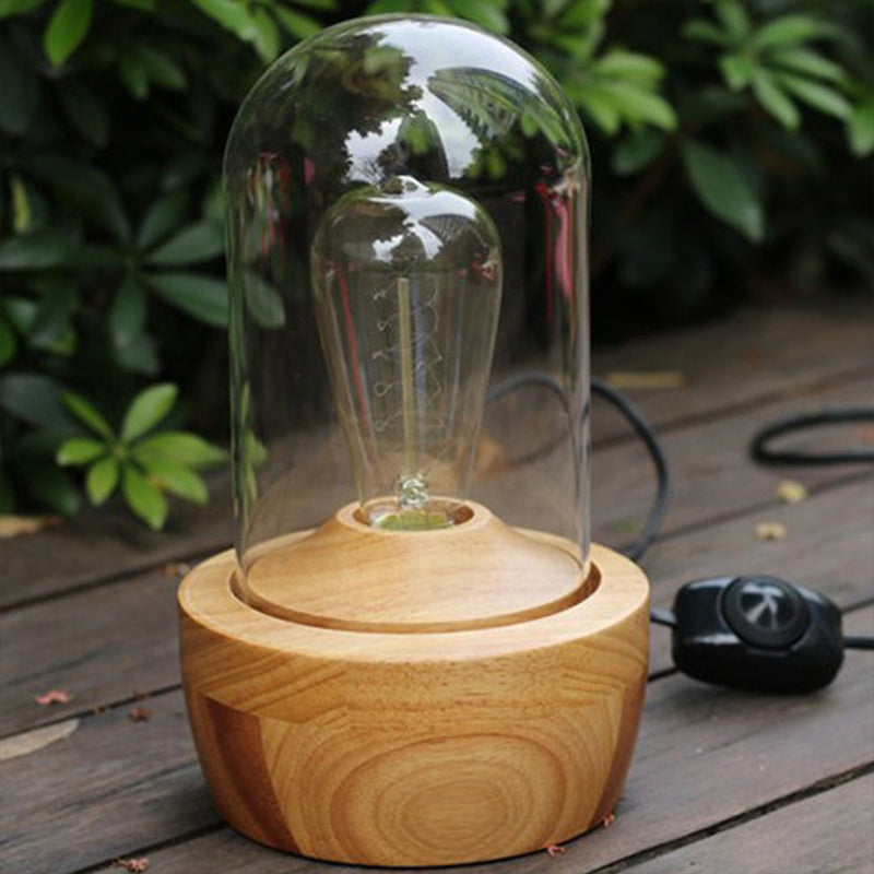 1 table de cylindre de tête Lumière de nuit en verre transparent moderne lampe en bois pour la chambre