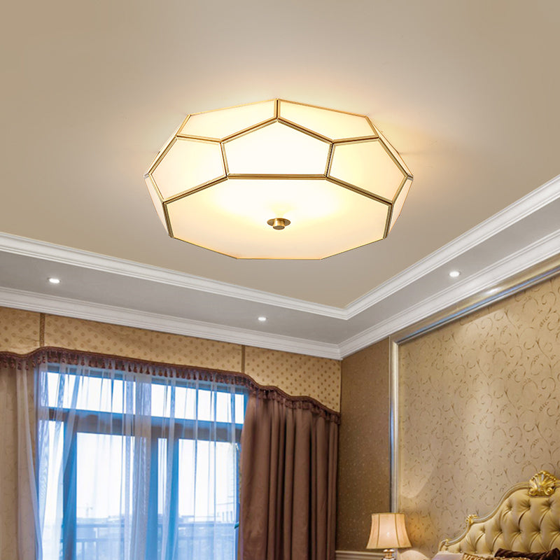 Colonial Style Geometric Ceiling Fixture Copper Flush Mount with Frosted Glass Shade