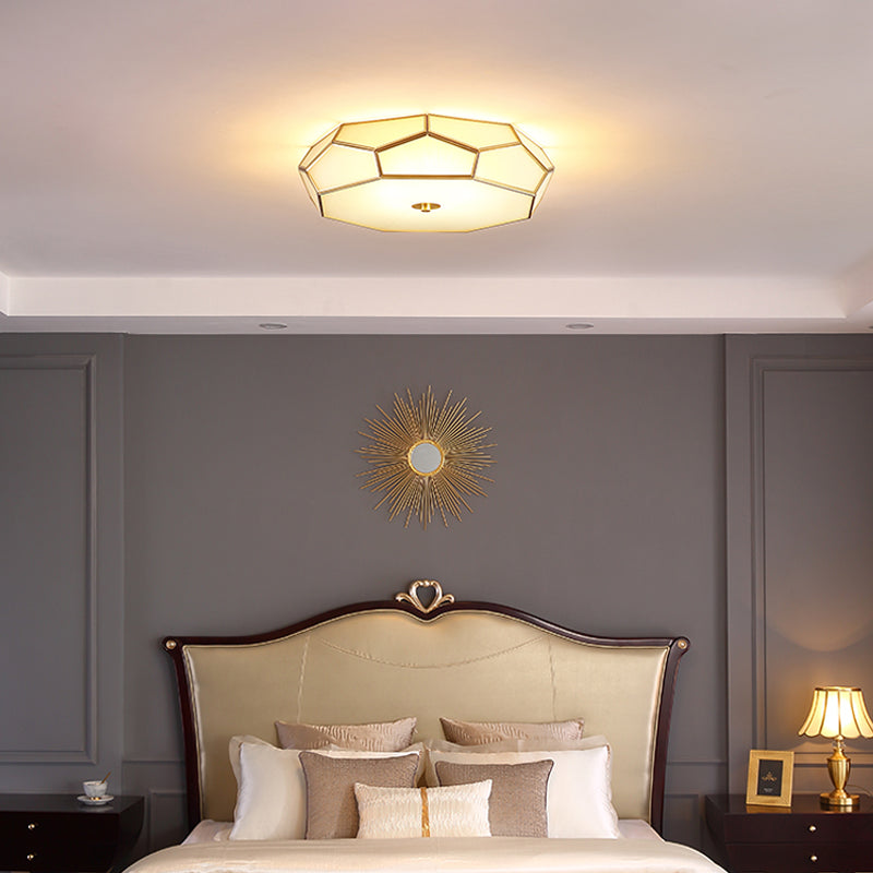Colonial Style Geometric Ceiling Fixture Copper Flush Mount with Frosted Glass Shade