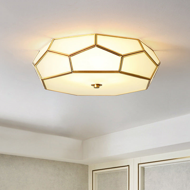 Colonial Style Geometric Ceiling Fixture Copper Flush Mount with Frosted Glass Shade