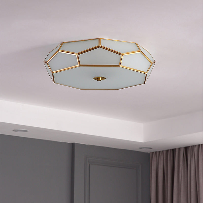 Colonial Style Geometric Ceiling Fixture Copper Flush Mount with Frosted Glass Shade