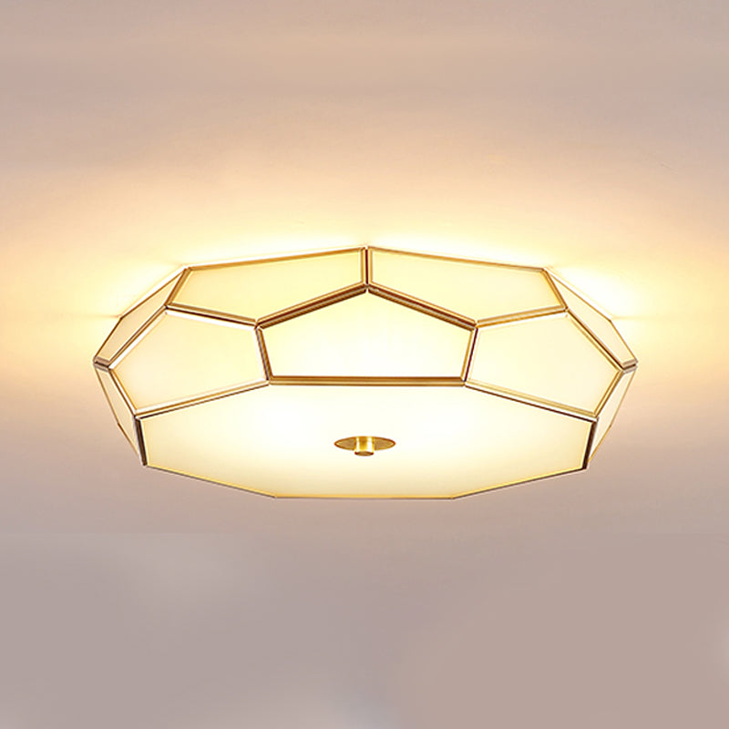 Colonial Style Geometric Ceiling Fixture Copper Flush Mount with Frosted Glass Shade