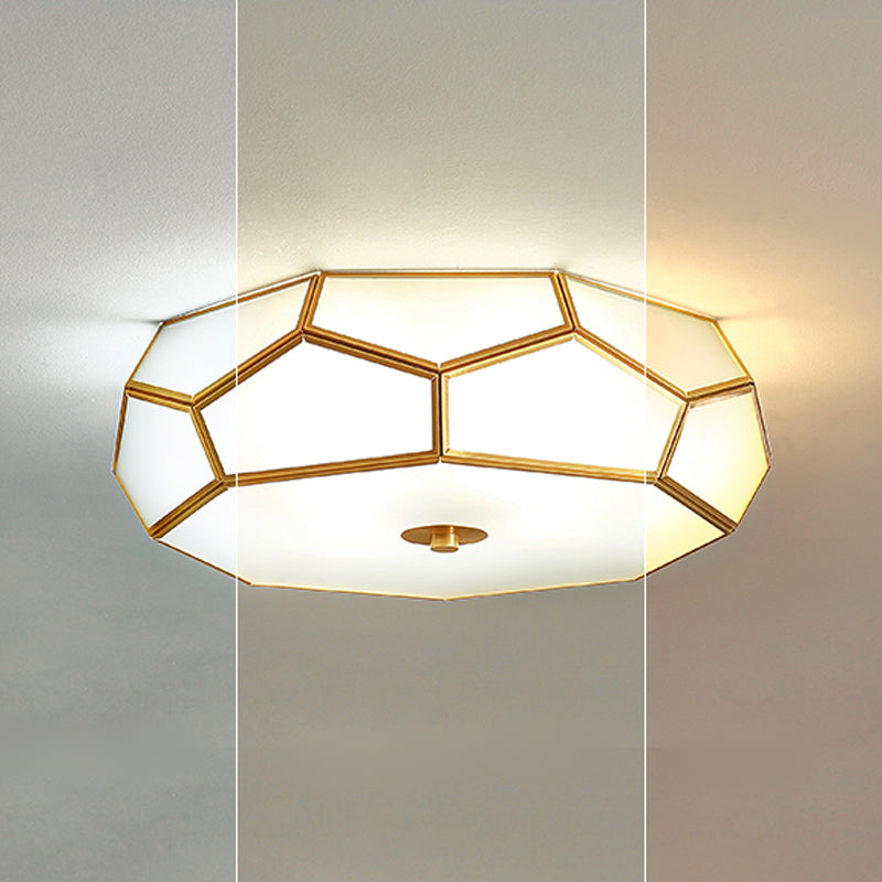Colonial Style Geometric Ceiling Fixture Copper Flush Mount with Frosted Glass Shade