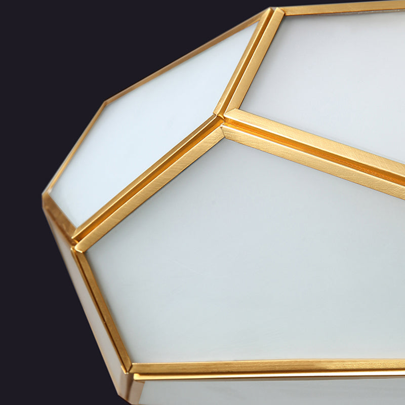 Colonial Style Geometric Ceiling Fixture Copper Flush Mount with Frosted Glass Shade