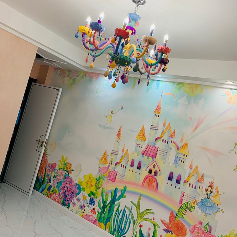 Candle Baby Room Chandelier Metal Macaron Suspension Light with Crystal Drapes