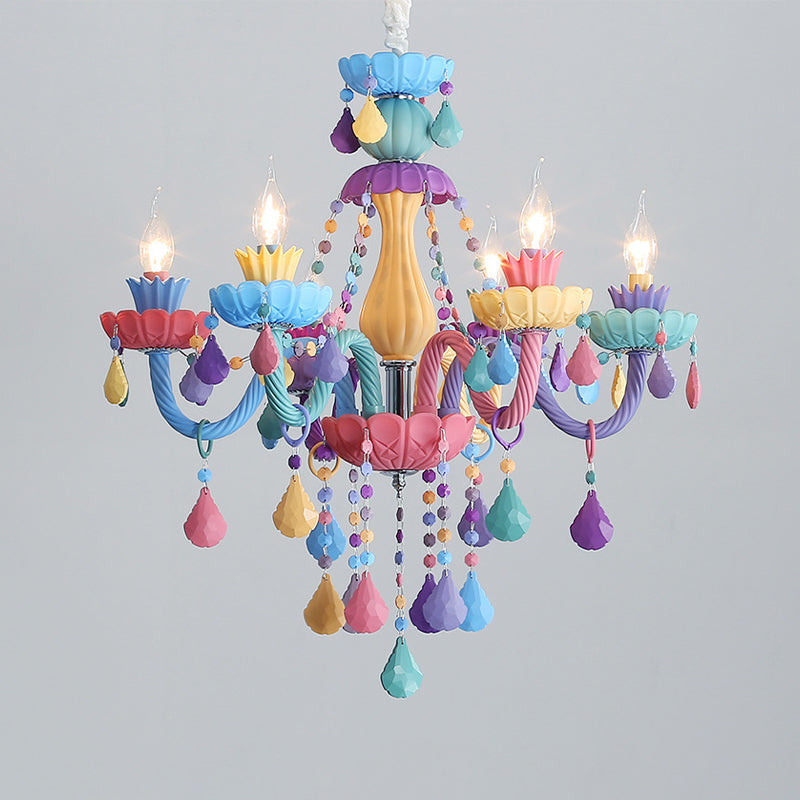 Candle Baby Room Chandelier Metal Macaron Suspension Light with Crystal Drapes