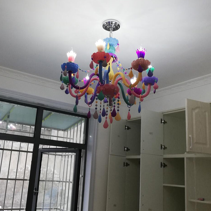 Candle Baby Room Chandelier Metal Macaron Suspension Light with Crystal Drapes