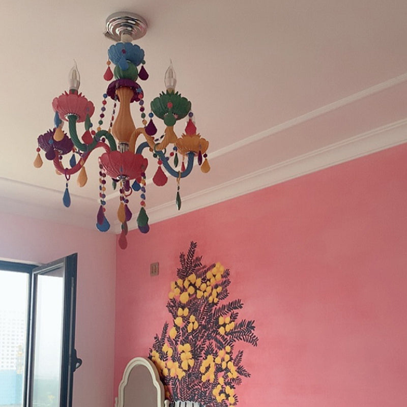 Candle Baby Room Chandelier Metal Macaron Suspension Light with Crystal Drapes