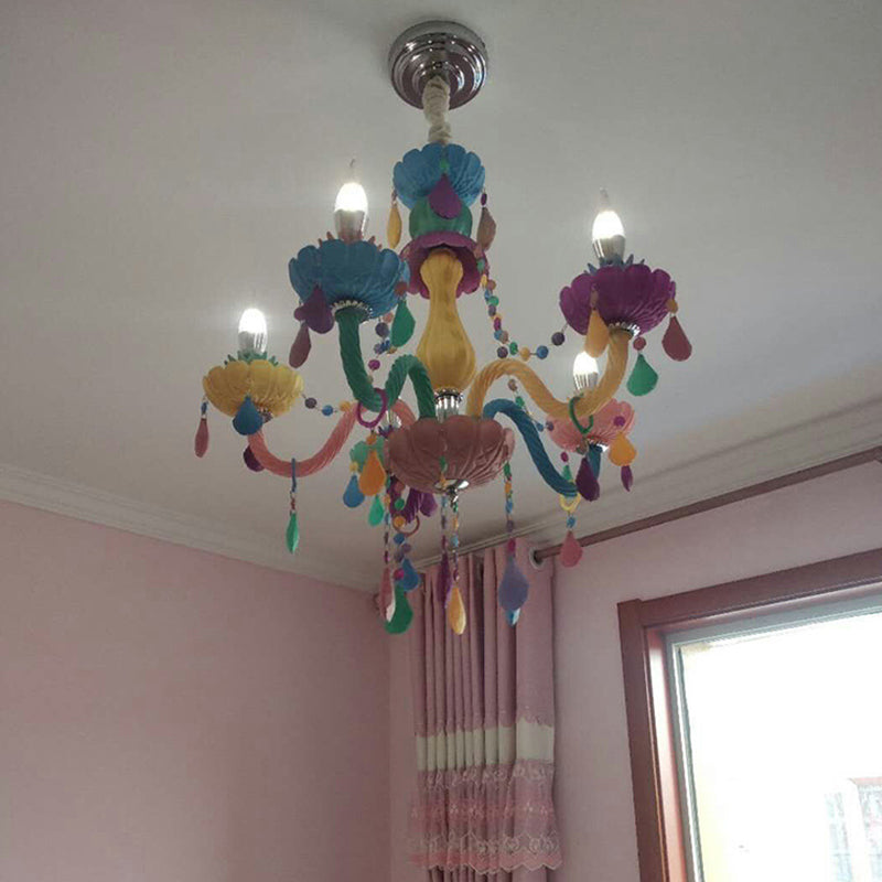 Candle Baby Room Chandelier Metal Macaron Suspension Light with Crystal Drapes